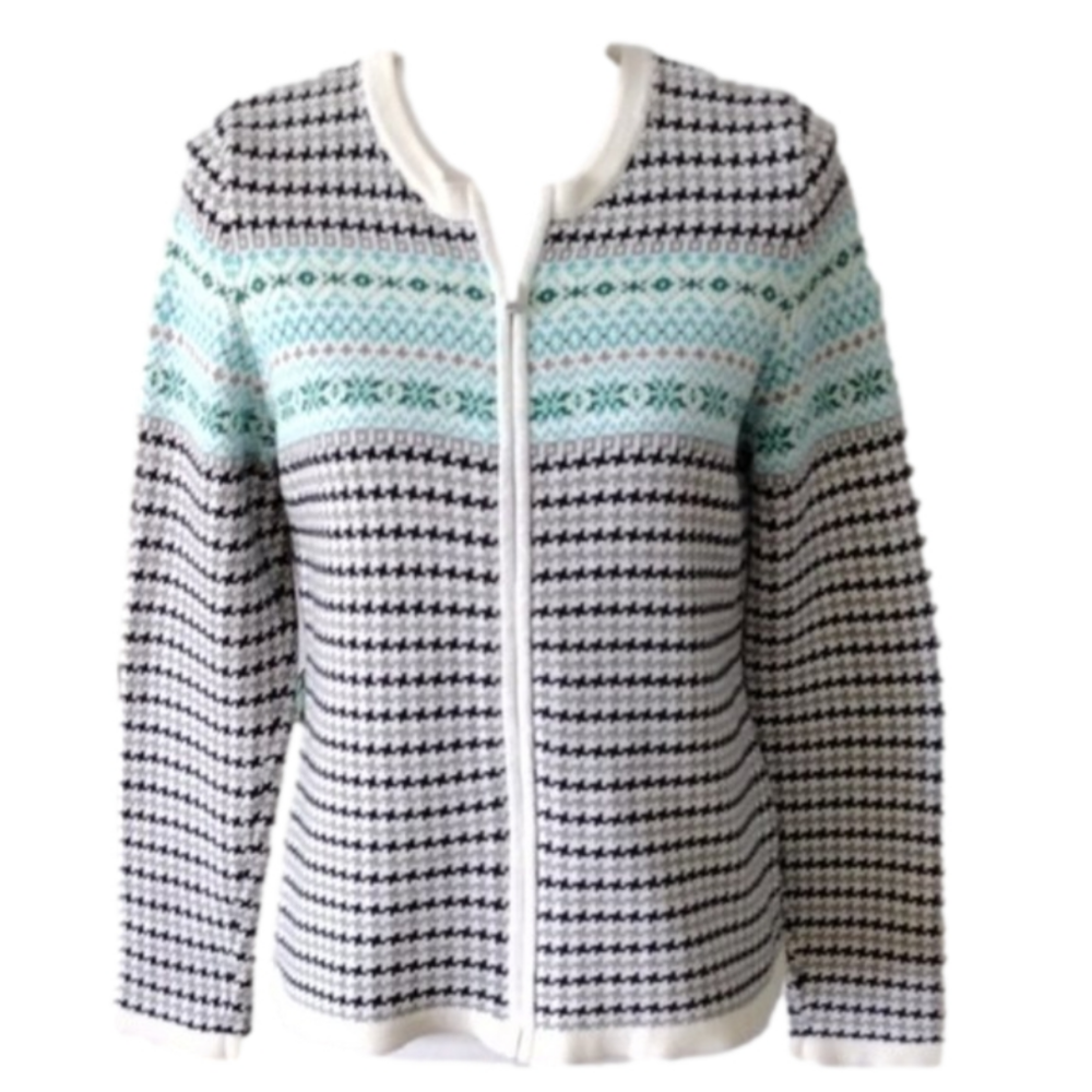 Talbots Houndstooth pattern zip front sweater long sleeves heavy knit‎ Sz PM